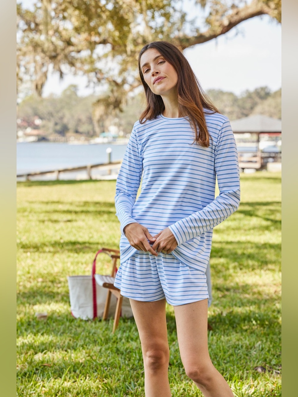 LAKE Pajamas Pima Crew Long-Short Set in Baltic Blue, Size XS